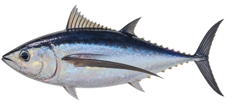 Studio photograph of an Albacore (Thunnus alalunga), side view, on a white background