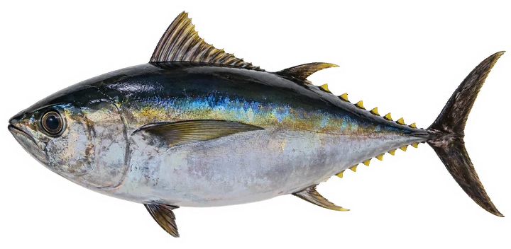 Studio photograph of a Bigeye Tuna (Thunnus obesus), side view, on a white background