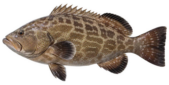 Studio photograph of a Black Grouper (Mycteroperca bonaci), side view, on a white background