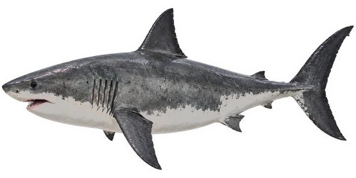 Studio photograph of a Great White Shark (Carcharodon carcharias), side view, on a white background