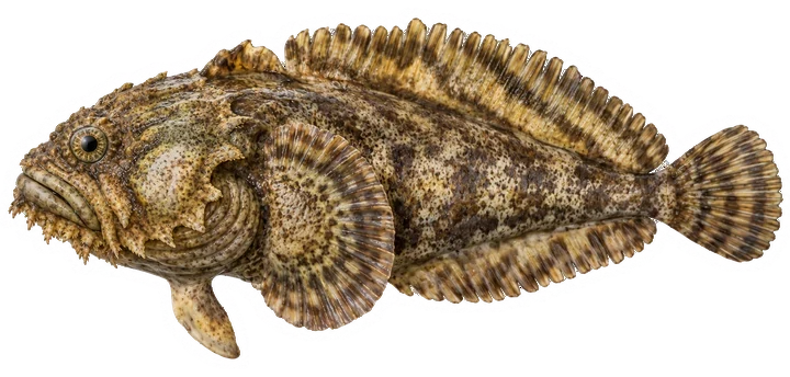 Studio photograph of an Oyster Toadfish (Opsanus tau), side view, on a white background