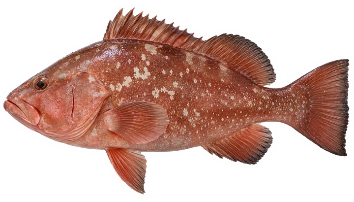 Studio photograph of a Red Grouper (Epinephelus morio), side view, on a white background