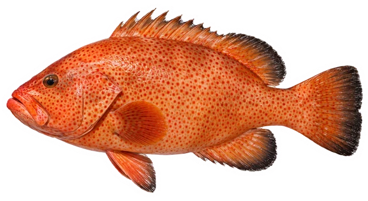 Studio photograph of a Red Hind (Epinephelus guttatus), side view, on a white background