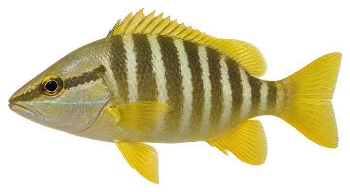 Studio photograph of a Schoolmaster Snapper (Lutjanus apodus), side view, on a white background