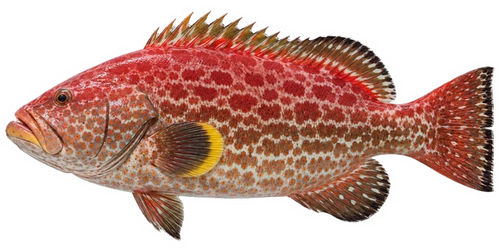 Studio photograph of a Yellowfin Grouper (Mycteroperca venenosa), side view, on a white background