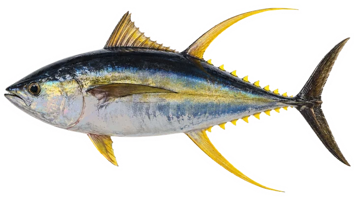 Studio photograph of a Yellowfin Tuna (Thunnus albacares), side view, on a white background